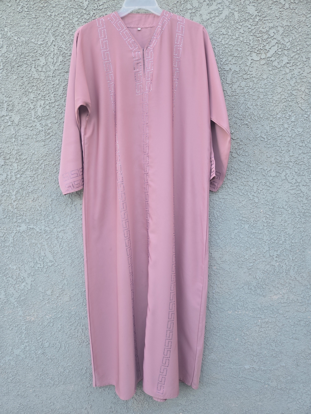 Abaya Maxi Dress Large Pink Rhinestone V Neck Long Sleeve Modest Embellished